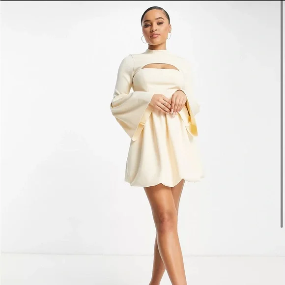 ASOS Design Bubble Hem Cut Out Mini Dress in stone-White